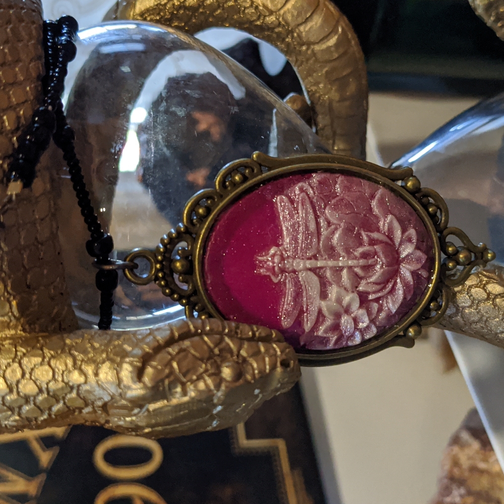 Ruby Dragonfly Lotus Flower Cameo